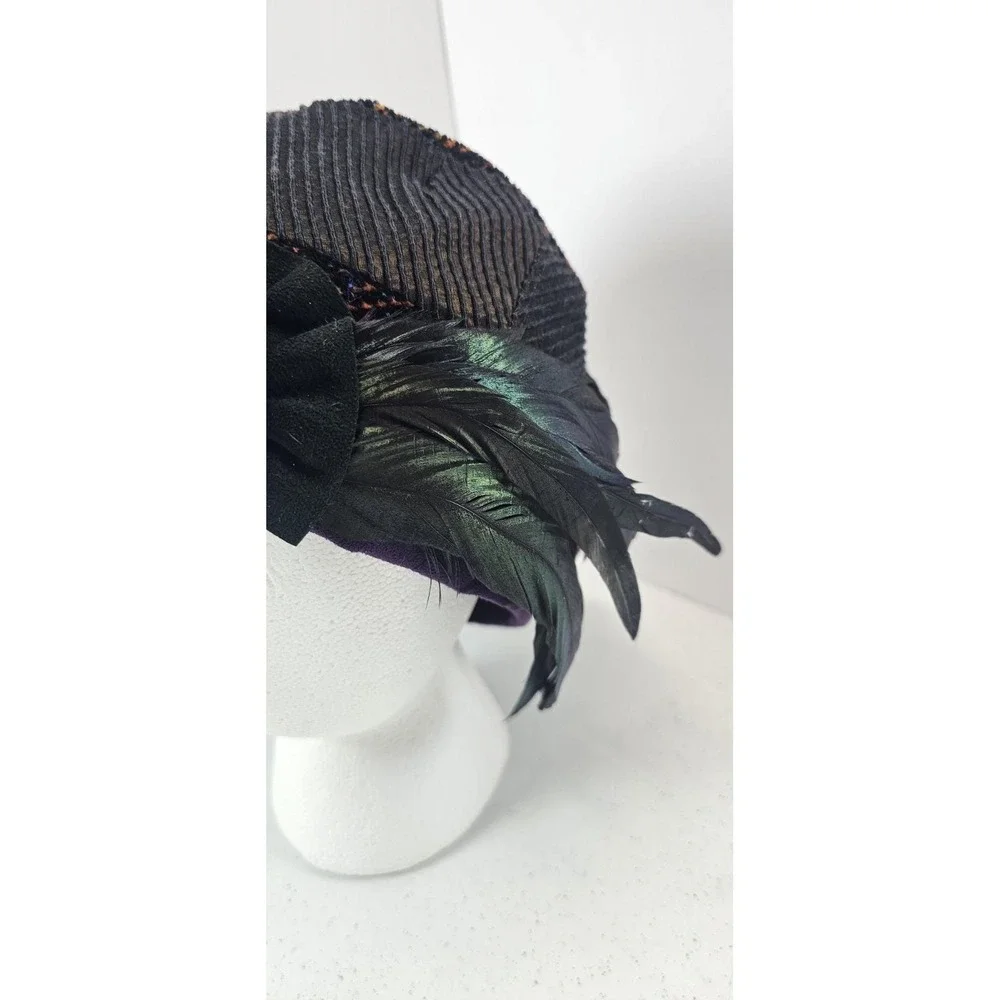 Vintage‎ Beaded Feather Beret Hat Purple Black Metallic Women's Dress Hat